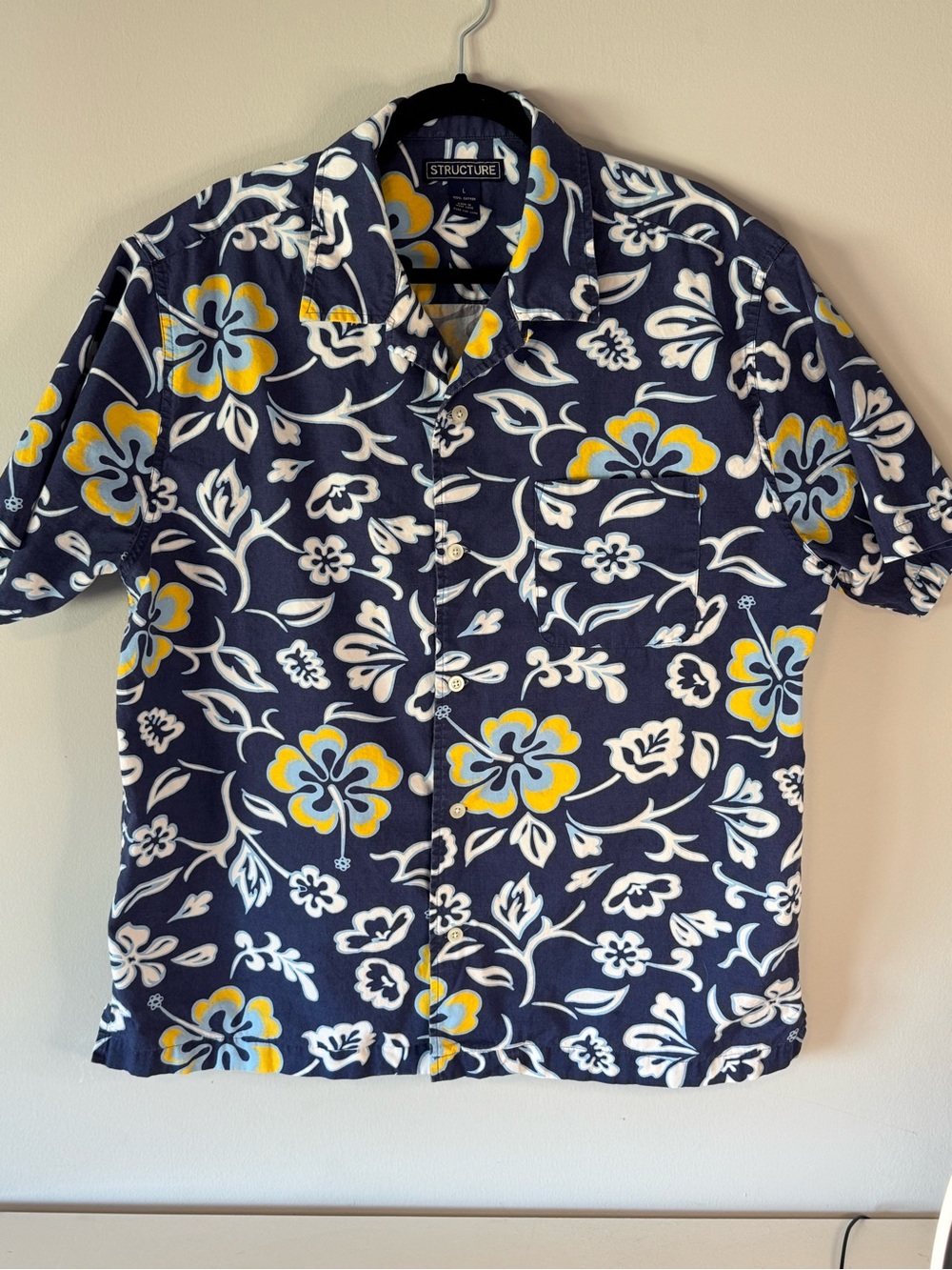 Structure Men's Short-Sleeve Floral Button-Down Shirt - Navy, White & Yellow
